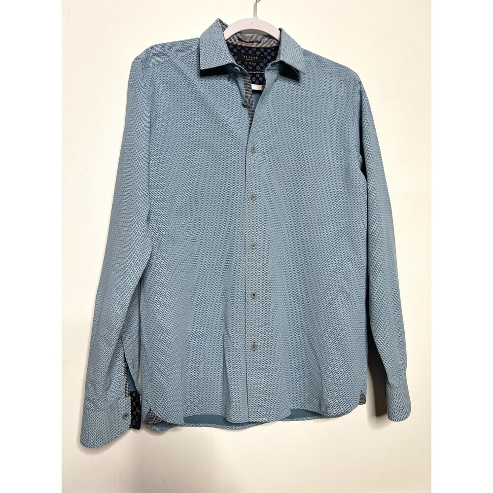 Ted Baker Men's Dress Shirt Size 3 Blue Printed Long Sleeve Button Up Flip Cuff